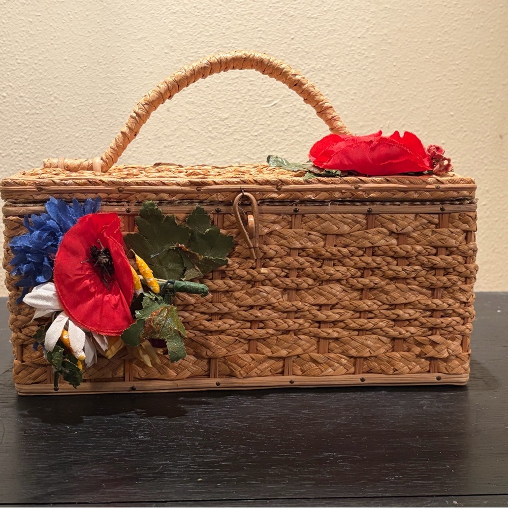 Charming Vintage Woven Straw Basket Handbag with Floral Accents